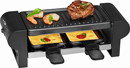 Raclette-Grill für 2 Personen Tischgrill Elektrogrill Grillplatte 2 Pfännchen Antihaftbeschichtung (Sparsame 350 Watt, Geriffelte Grillfläche 20,5 x 10,5 cm, Cool-Touch-Gehäuse)