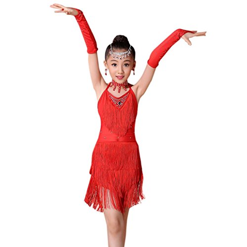 BURFLY ミ❤ミChildrens Performance Clothing, Toddler Kids Girls Latin Ballet Dress Party Dancewear Ballroom Dance Dress + Necklace + Cuff Costumes (10/11T, Red)
