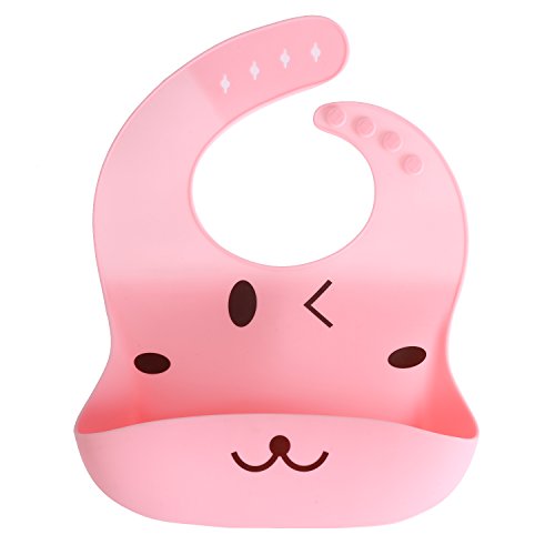 LEADSTAR Baby Lätzchen Bib mit Auffangschale weiches wasserdichtes Lätzchen aus Silikon Grün Pink - 3