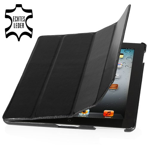 StilGut Couverture Case Tasche aus feinstem Leder f  r Apple iPad  3  und 4  Generation  unterst  tzt Smart-Cover Funktion  Schwarz - glattes Leder