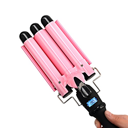 CkeyiN ® LCD Display Temperature Adjustable 3 Barrels Water Ripples Hair Curling Wand Tongs Hair Curling Iron with Protective Glove (25mm)