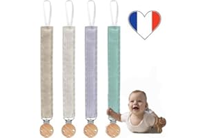 MARKETIFAR Attache Tétine Bébé - Lot de 4 Attaches Sucettes en Coton - Accroche Tétine Bébé Tissu et Bois Naturel pour Fille et Garçon