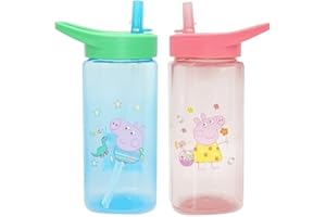 SRV HUB 2 x Wasserflaschen mit Strohhalm, 420 ml, Kunststoff-Wasserflasche, rund, BPA-frei, Strohhalm-Trinkflasche für Kinder ab 6 Monaten (Peppa und George Pig)