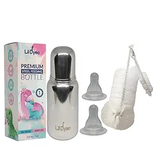 Lil Dyno Stainless Steel Baby Feeding Bottle for New Born Baby and Kids for Milk, Water & Juice Feeding with Anti-Colic Silicone Nipple (220ml+2 Extra Nipple + Cleaning Brush)