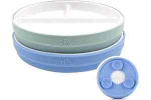 Elk and Friends Kids 6.7” Porcelain White Divided Plates with Silicone Suction Sleeves | Suitable for Babies/Toddlers | Microwave & Dishwasher Safe | Stay Put Dinnerware | Snack Dishes | 2 Pack