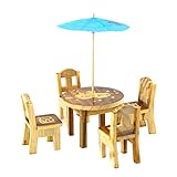 BulzEU Salon de Jardin Set Miniature Meubles Accessoires Table Chaise Parasol en Bois Vintage pour Jardin Maison de Poupée