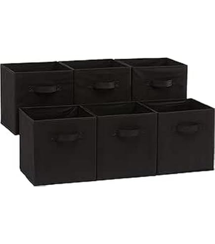 SONGMICES ROB240B04 Storage Baskets Set of 4 40 x 30 x 25 cm, 2 Handles, Foldable Oxford Fabric and Linen Look Washable, Metal Label Holders, Ink Black