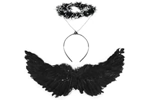 DERAYEE Ailes de Diable & Cornes du Diable pour Déguisement Halloween,Ailes d'ange Plumes Noir,Accessoire Fête Ange Fille Noël（Noir）