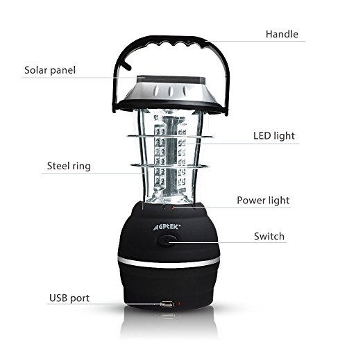AGPtek Solar-Camping-Licht, 5 Modi, Hand-Kurbel-Dynamo, Solarleuchte, 36-LED-Laterne, Wiederaufladbares Camping-Licht, für Notfall / Arbeit, sehr hell – wasserdichte Laterne – USB-Aufladung – Für Camping / Wandern / Notfälle / Wirbelstürme / Stromausfälle - 4