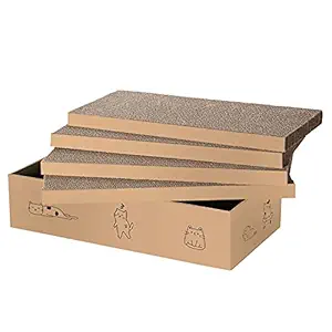 4 Packs in 1 Cat Scratch Pad with Box , Cat Scratcher Cardboard,Reversible,Durable Recyclable Cardboard, Suitable for Cats to Rest, Grind Claws and Play with Scratch Box