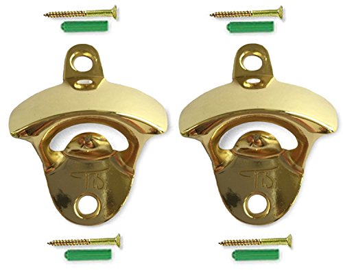 Apribottiglie da Parete (2 Pezzi) - Vite di Montaggio Inclusa Nella Confezione - Prodotto in Ghisa Nickel in Finitura Dorata - Antiruggine - Qualità Gurantita (D'oro)