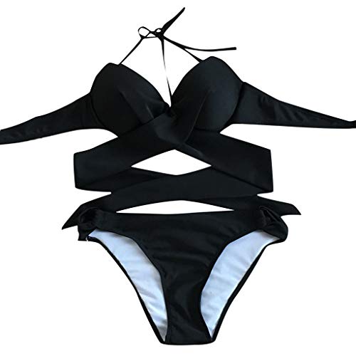 Preisvergleich Produktbild POIUDE Damen Bikini Sets Zweiteilige Badeanzug Strandkleidung Crossover Neckholder Geteilter Badeanzug(Schwarz, Medium)