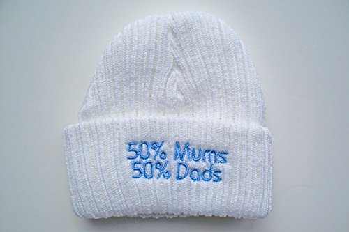 Baby boys Girls NEWBORN hat I love mummy daddy nanna just arrived superman (50% Mums 50% Dads, WHITE) blue writing)