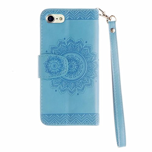 MUTOUREN Portemonnaie Handyhülle für iPhone 7 4.7 Zoll PU Lader Brieftasche Klapphülle Bookstyle Wallet Flip Case mit Standfunktion Kartenfach Fall-Abdeckung Ultradünne Kratzfeste Stoßdämpfende Telefonkasten Geprägtes Muster indische Mandala Blau + Metall Stylus Stift - 4
