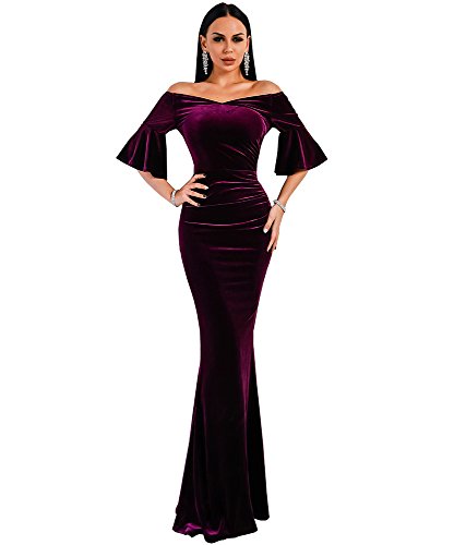 sachin and babi light blue dress Missord Womens Off Shoulder Speaker Sleeve Velvet Solid Color Bodycon