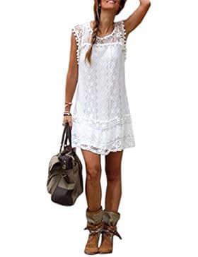 Sommer weisse Minikleid Frauen Spitze Kleid Beilaeufiges Sleeveless Partei Kleid