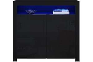 Panana Sideboard Storage Cupboard High Gloss Front Cabinet RGB Multicolor LED Lighting with 2 Doors and Shelves Black