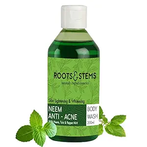 Roots & Stems Neem Anti Acne Body Wash- Deep pore Cleansing- 100% Natural Anti-bacterial, Brightening & Whitening/ Removes Excess Dirt, oil, Pimples & Prevents Boil, Soothes Itching & Redness. (200 ml)