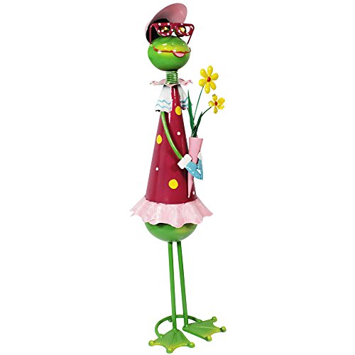 COM-FOUR® Dekofigur "Froschdame mit Blumen", Gartenfigur aus bunt lackiertem Metall im Frosch-Design, ca. 59x16,5x16,5cm