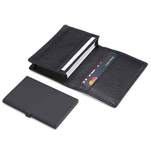 Preisvergleich Produktbild Lions Design Visitenkartenetui Leder inkl Visitenkarten Case aus Aluminium Visitenkarten Aufbewahrung Echtleder Schwarz