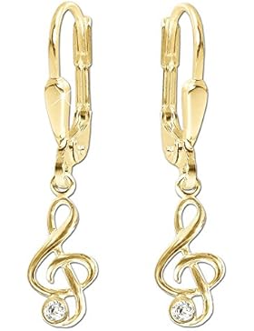 CLEVER SCHMUCK Goldene Ohrhänger 25 mm mit Mini Notenschlüssel 9 mm und Zirkonia weiß glänzend 333 GOLD 8 KARAT