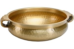 Serene Spaces Living Aluminum Handi Bowl with Brass Look, Hammered Texture, Elegant Decor for Living Rooms, Entryways, Restaurants, Indian Weddings, Table Centerpiece, 12" Diameter & 4.5" Tall