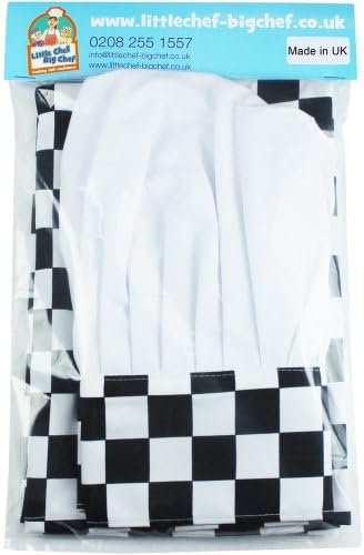 Childrens Kitchen Cooking Fun Checked Chefs Hat & Apron Sets in Various Colours (Black Check 8-10 years 64cm x 48cm)