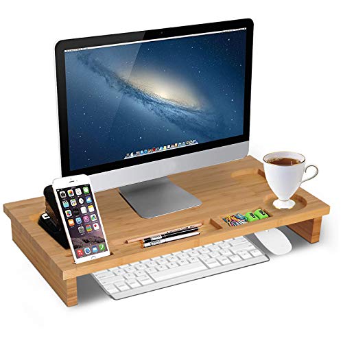 HOMCOM Monitor Soporte de Bambú Elevador de Pantallas Mesa de Ordenador Portátil Organizador de Escritorio 60x30x8.5cm