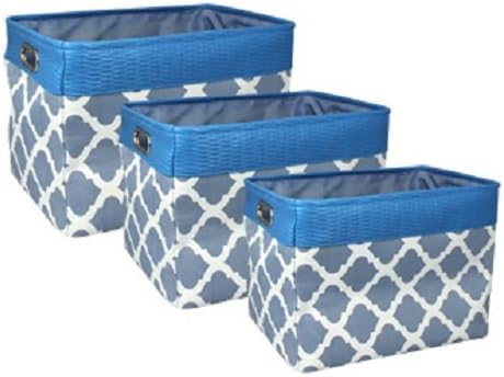 Signature Home 3-Piece Printed Decorative Rectangle Grommet Handle Storage Tote with PVC Trim, Blue Moroccan