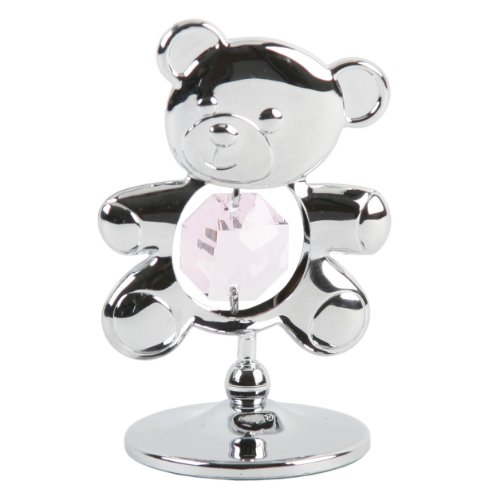 Crystocraft Keepsake Gift Ornament - Freestanding Silver Teddy with Pink Swarvoski Crystal Elements