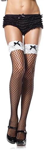 Sexy Black Fishnet Thigh High Stockings French Maid Fancy Dress Costume White Lace Bow Tops