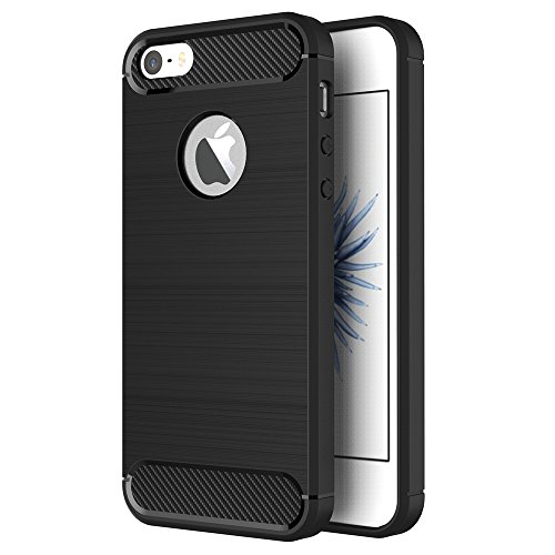 Coque iPhone SE, AICEK Noir Silicone Coque pour iPhone SE / 5S / 5 Housse Fibre de Carbone Etui Case