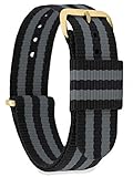 MOMENTO Damen Herren NATO Nylon Ersatz Uhren-Armband Strap mit Edelstahl-Schliesse in Gelb-Gold und Nylon-Armband in Schwarz Grau 16mm