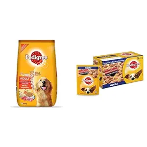 Pedigree Adult Dry Dog Food, Meat & Vegetables, 20kg Pack & Pedigree Adult Wet Dog Food, Chicken & Liver Chunks in Gravy, 70 g (Pack of 15)