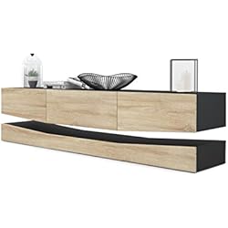 Vladon Meuble TV Armoire Basse City, Corps en Noir Mat/Façades en Chêne Brut