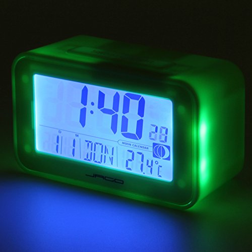 Jago Funkwecker mit Mondkalender und Temperaturanzeige mit LED-Hintergrundbeleuchtung und LCD-Display in vier verschiedenen Farben inkl. Snooze-Funktion und Datum Wochentag - 7