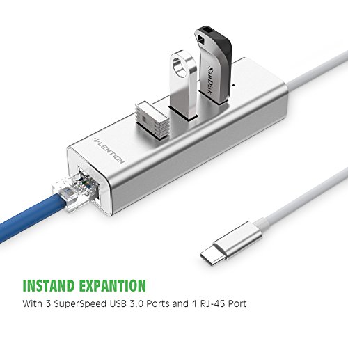 LENTION Aluminum USB-C HUB auf 3 Superspeed Port USB 3.0 + Gigabit Ethernet Netzwerkadapter Type C Hub für Apple MacBook 12″, MacBook Pro 13″ / 15″ (2016/2017), New ChromeBook und Mehr Notebooks mit Typ C Port, Lan Adapter (Silber) - 2