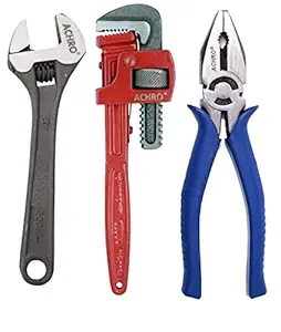 ACHRO Combo Pack of 3 Tool Kits Set for Home (Contains 8 Inch Adjustable Spanner, 8 Inch Combination Plier, 10 Inch Pipe Wrench)