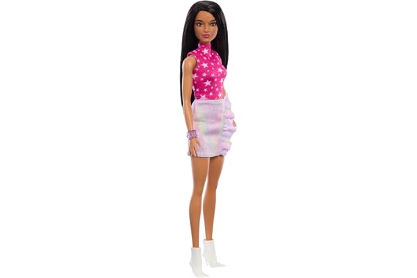 Barbie Fashionistas Doll #215 with Black Straight Hair, Pink Star-Print Top & Iridescent Skirt, 65th Anniversary Collectible Fashion Doll