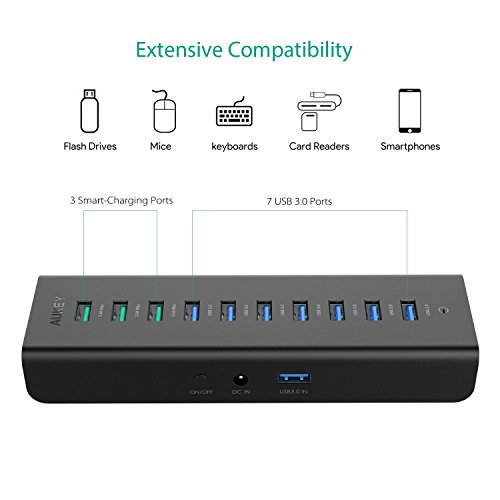 AUKEY USB 3.0 Hub 7 Datenports mit 3 Ladeports mit 48W Netzteiladapter Schwarz für USB kompatiblen Geräten - 2