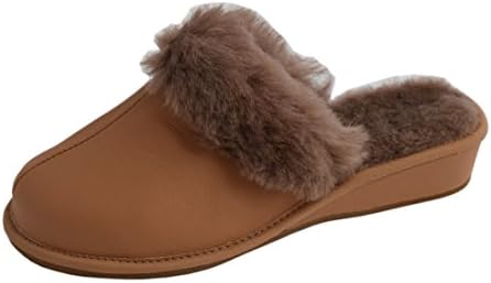Dark Womens Soft Calf Leather Sheep's Fur Lined Slippers Mules