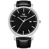 Vigor Rigger Ultra Thin Männer Frauen Quarz Analog Armbanduhr Schwarzes Zifferblatt mit Datum Silber Gehäuse aus echtem Lederband