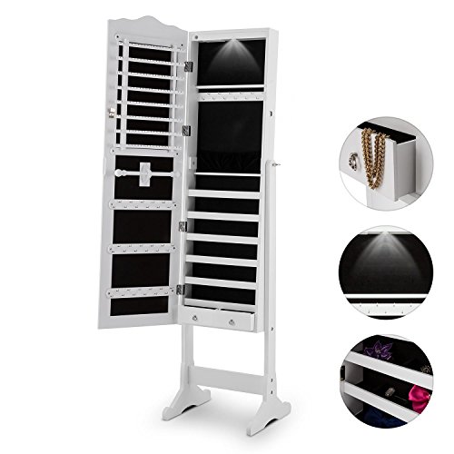 oneConcept Gracia Schmuckschrank Schmuckspiegel Spiegelschrank (batteriebetriebene LED-Beleuchtung, Material: Holz/MDF, Krawattenhalter, Ablagefächer, abschliessbar, schwenkbar, Samtverkleidung) weiss - 5
