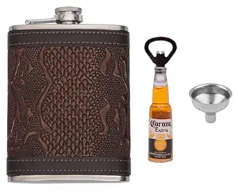 Store2508 Hip Flask With Funnel & Bottle Shaped Bottle Opener. Stainless Steel Body With Snake Skin Pattern PU Leather Cladding 8 Oz (236 ml)