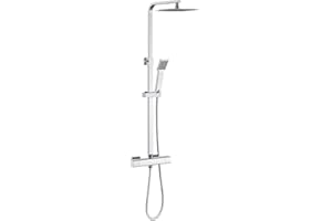 Acezanble Thermostatic Shower Mixer Set Chrome, Square 38 °C Thermostat Shower System with Rainfall Shower Head, Handheld Shower, Anti Scald Shower Mixer Bar Kit, Adjustable Height
