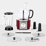 H.Koenig Robot de cuisine Multifonctions MX18 Rouge Professionnel Compact, Bol mixeur 1.5L, Blender en verre gradué 1.5L, 4 disques en acier+lame+spatule, 8 Fonctions, Puissant 800W