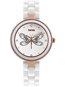 stilvolle Libelle Vorwahlknopfmattuhr Keramik weiße Band Armbanduhr Frauen Roségold schöne Uhr für Mädchen