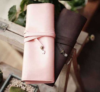 Vintage Roll Leather Cosmetic Brush Pen Case Organizer Pouch Bag (Pink)