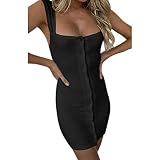 iHENGH Damen Sommer Rock Lässig Mode Kleider Bequem Frauen Röcke festes ärmelloses beiläufiges Minikleid Knopf Sommerkleid(Schwarz, M)