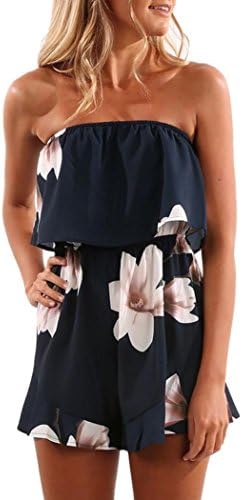 Bestoppen Women's Jumpsuit,Ladies Summer Sexy Off Shoulder Floral Printed Mini Bodycon Jumpsuit Casual Plus Size Loose Fit Holiday Beach Playsuit Short Bodysuit For Women Ladies (2XL, Navy)